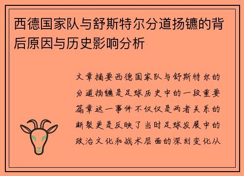 西德国家队与舒斯特尔分道扬镳的背后原因与历史影响分析