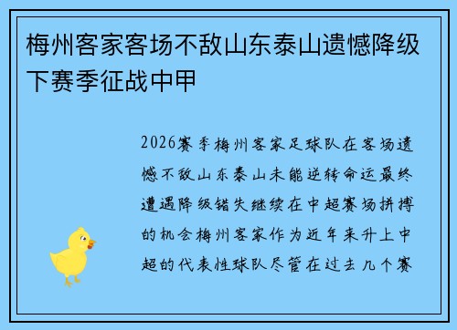 梅州客家客场不敌山东泰山遗憾降级下赛季征战中甲 梅州客家客场不敌山东泰山遗憾降级下赛季征战中甲